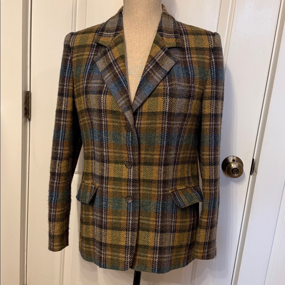 AU PETIT MATELOT BLAZER BLUE GREEN GOLD PLAID WOOL FRANCE POCKETS SIZE 42 L
